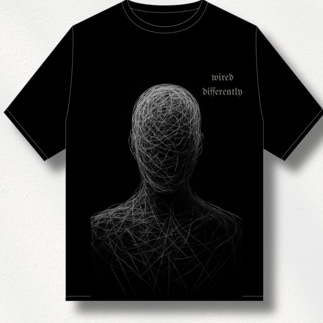 Black t-shirt with white abstract design and 'wired differently' text on a light gray background